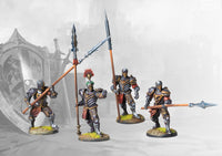  Four studio-painted miniatures of the Conquest Hundred Kingdoms Gilded Legion, showcasing the dynamic poses of the heavy infantry models.