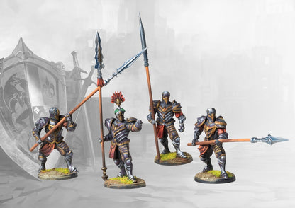  Four studio-painted miniatures of the Conquest Hundred Kingdoms Gilded Legion, showcasing the dynamic poses of the heavy infantry models.
