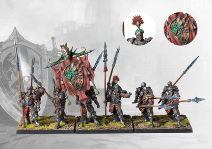 A full, studio-painted stand of six Conquest Gilded Legion miniatures, with close-up inset images showing details of the banner and a helmet.