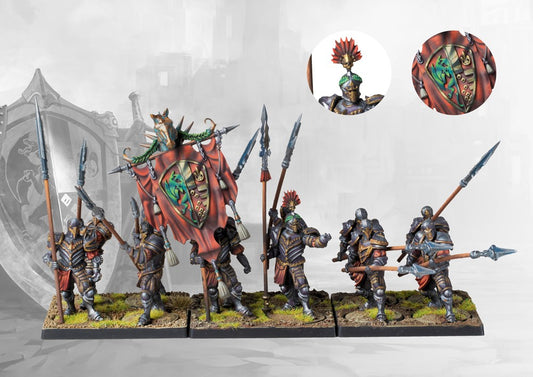 A full, studio-painted stand of six Conquest Gilded Legion miniatures, with close-up inset images showing details of the banner and a helmet.