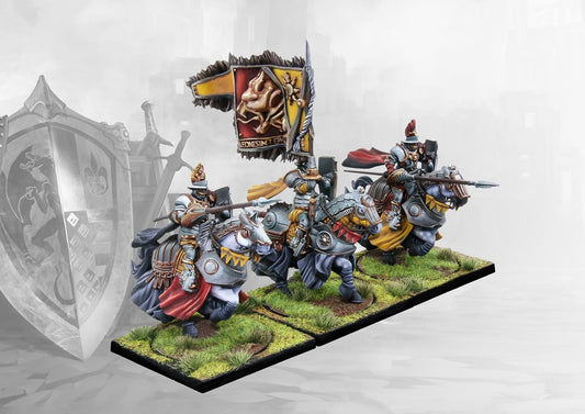 A studio-painted command group of three Conquest Hundred Kingdoms Household Knights miniatures on a movement tray.