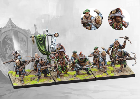 A full, studio-painted regiment of twelve Conquest Hunter Cadre miniatures on movement trays, with close-up inset images of two hunters.