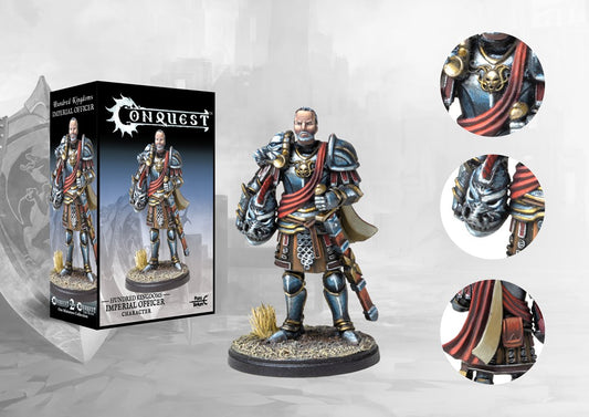 Retail box and painted miniature of a Hundred Kingdoms Imperial Officer for Conquest, featuring detail insets of the armor and helmet.