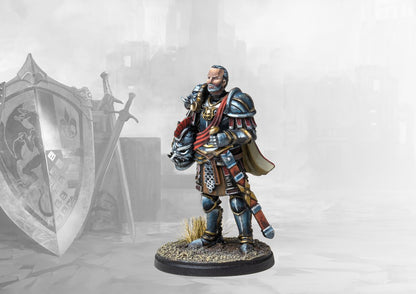 A professionally painted 35mm scale Imperial Officer miniature for the Hundred Kingdoms faction, clad in ornate plate armor with a red sash.