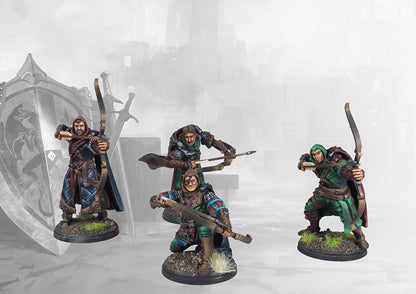 Four studio-painted miniatures of the Conquest Imperial Rangers, showcasing the dynamic archery poses available in the kit.