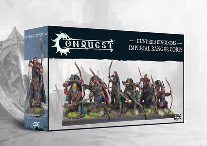  The product box for the Conquest Hundred Kingdoms Imperial Ranger Corps, showing a regiment of painted archer miniatures on the front.