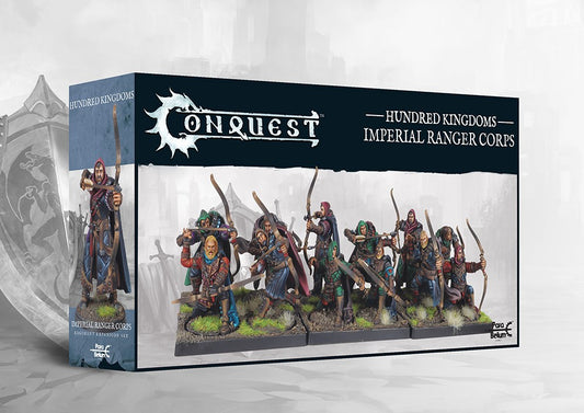  The product box for the Conquest Hundred Kingdoms Imperial Ranger Corps, showing a regiment of painted archer miniatures on the front.