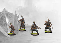 Four studio-painted miniatures of the Conquest Hundred Kingdoms Longbowmen, showcasing the various dynamic archery poses.