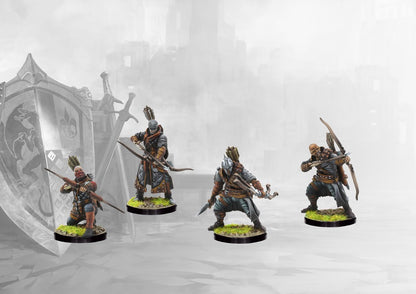 Four studio-painted miniatures of the Conquest Hundred Kingdoms Longbowmen, showcasing the various dynamic archery poses.