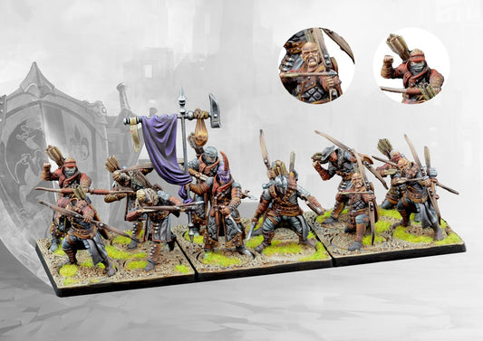 A full, studio-painted regiment of twelve Conquest Hundred Kingdoms Longbowmen miniatures on movement trays, with close-up inset images of two archers.