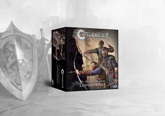 The product box for the Conquest Hundred Kingdoms Longbowmen, showing artwork of the skilled longbow archers.
