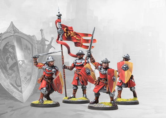 Four painted miniatures from the Conquest Hundred Kingdoms Men-at-Arms command group, including a standard bearer and soldiers with swords and shields.