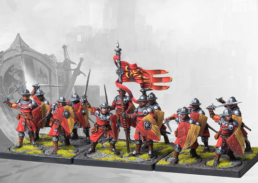  A full, studio-painted regiment of twelve Conquest Hundred Kingdoms Men-at-Arms miniatures on movement trays, ready for battle.
