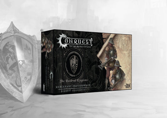 The product box for the Conquest Hundred Kingdoms Mercenary Crossbowmen regiment expansion set.