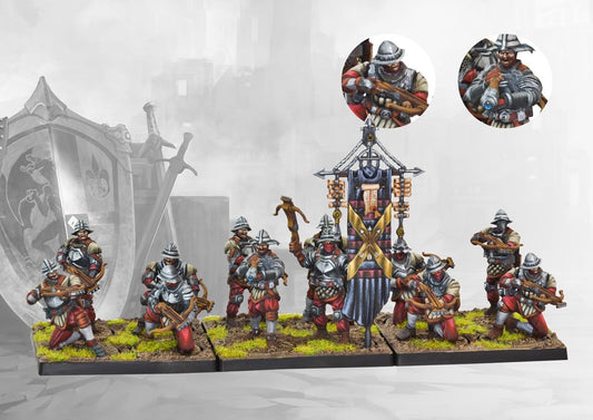 A full, studio-painted regiment of twelve Conquest Mercenary Crossbowmen miniatures on movement trays, with close-up inset images of two soldiers.