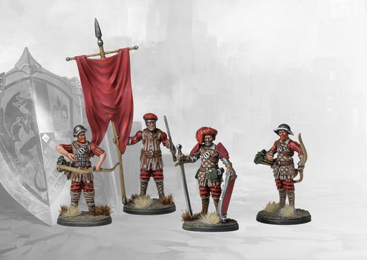 Four studio-painted miniatures of the Conquest Hundred Kingdoms Militia Bowmen, showcasing the various poses of the archers and command models.