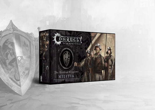 The product box for the Conquest Hundred Kingdoms Militia, showing artwork of the spear-armed infantry.