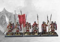  A full, studio-painted regiment of twelve Conquest Hundred Kingdoms Militia miniatures on movement trays, armed with spears and shields.