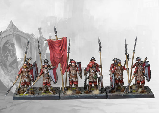  A full, studio-painted regiment of twelve Conquest Hundred Kingdoms Militia miniatures on movement trays, armed with spears and shields.
