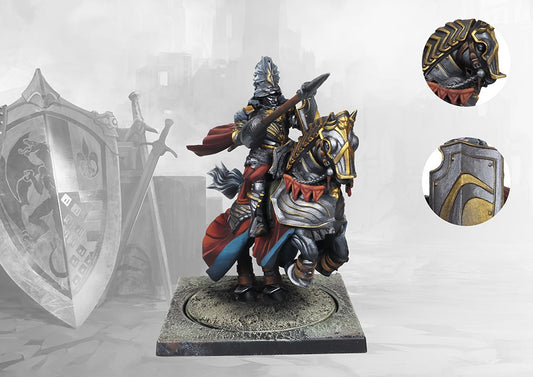  The painted Mounted Noble Lord miniature for Conquest, with close-up inset images showing details of the horse's barding and the knight's shield.