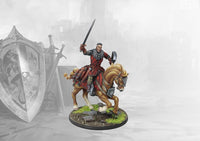 A painted miniature of a Conquest Hundred Kingdoms Mounted Squire champion, shouting and raising his sword.