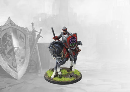 A painted miniature of a Conquest Hundred Kingdoms Mounted Squire wearing a helmet and carrying a shield decorated with a rose.