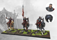 A studio-painted command group of three Conquest Hundred Kingdoms Mounted Squires, with close-up details of a squire's face and horse's head.