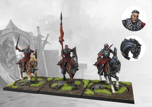 A studio-painted command group of three Conquest Hundred Kingdoms Mounted Squires, with close-up details of a squire's face and horse's head.