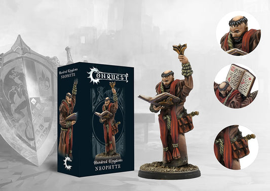  The product box for the Conquest Hundred Kingdoms Neophyte, shown next to the painted miniature of the religious figure and close-up detail shots.