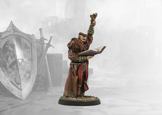 A studio-painted miniature of the Conquest Hundred Kingdoms Neophyte, a tonsured monk in brown robes reading from a book.