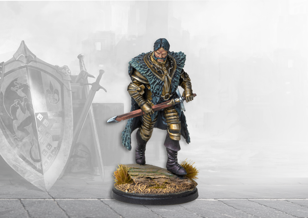 A professionally painted 38mm scale Noble Lord miniature for the Hundred Kingdoms faction, clad in heavy gold-trimmed armor with a fur-lined cloak.