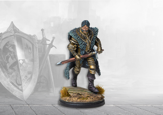 A professionally painted 38mm scale Noble Lord miniature for the Hundred Kingdoms faction, clad in heavy gold-trimmed armor with a fur-lined cloak.