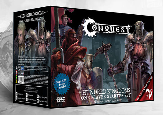 The box art for the Conquest: Hundred Kingdoms One Player Starter Set, featuring artwork of knights, priests, and soldiers.