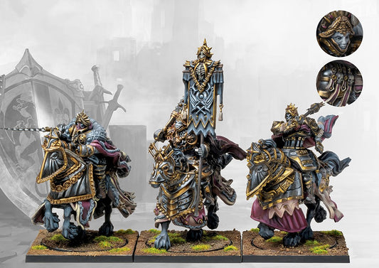 A studio-painted unit of three Conquest Order of the Ashen Dawn miniatures, with close-up inset images showing details of the faces and helmets.