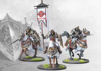  Three studio-painted miniatures of the Conquest Order of the Sealed Temple, showcasing the command group of the heavily armored cavalry unit.