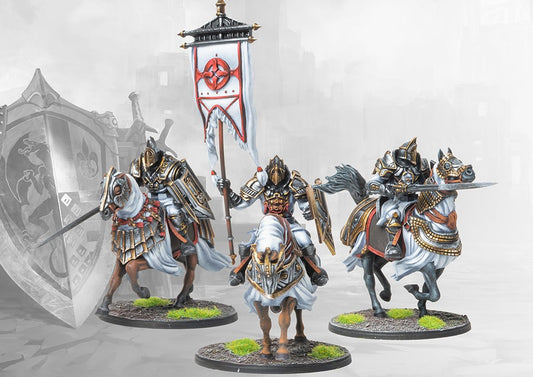  Three studio-painted miniatures of the Conquest Order of the Sealed Temple, showcasing the command group of the heavily armored cavalry unit.