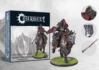 The product box for the Conquest Hundred Kingdoms Priory Commander, shown next to the painted miniature of the mounted knight and close-up detail shots.