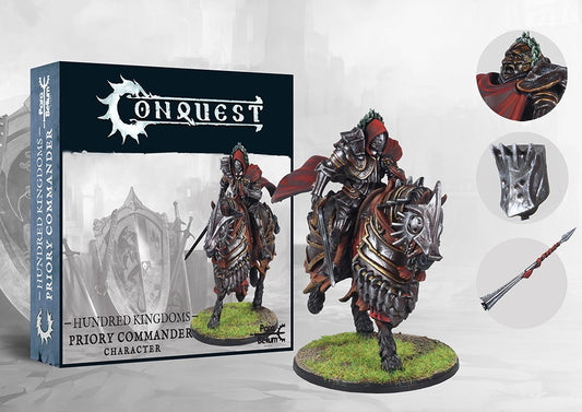 The product box for the Conquest Hundred Kingdoms Priory Commander, shown next to the painted miniature of the mounted knight and close-up detail shots.