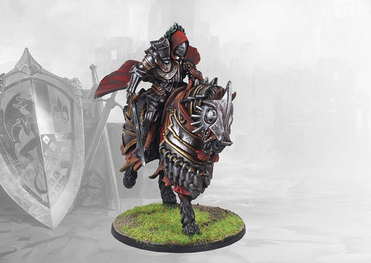  A studio-painted miniature of the Conquest Priory Commander, a hooded knight in dark, ornate armor mounted on a barded warhorse.
