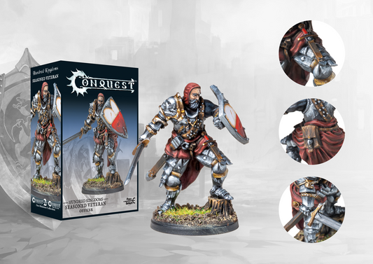 The product box for the Conquest Hundred Kingdoms Seasoned Veteran, shown next to the painted miniature of the armored officer and close-up detail shots.