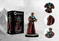 The product box for the Conquest Hundred Kingdoms Servite, shown next to the painted miniature of the scholar and close-up detail shots.