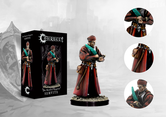 The product box for the Conquest Hundred Kingdoms Servite, shown next to the painted miniature of the scholar and close-up detail shots.