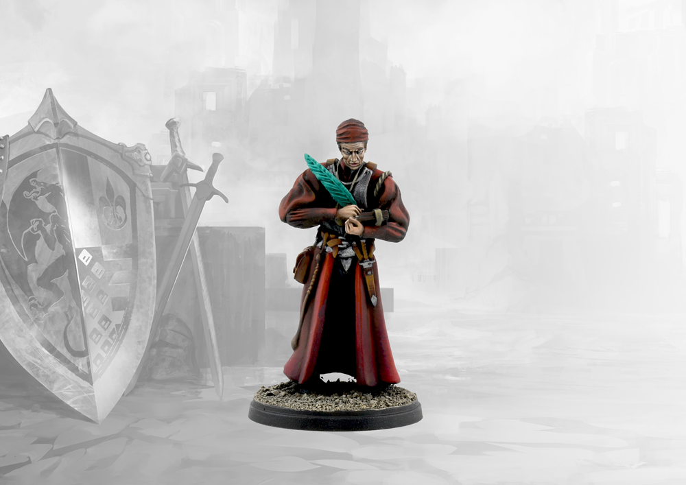 A studio-painted miniature of the Conquest Hundred Kingdoms Servite, a scholar in red robes writing in a book with a large quill.