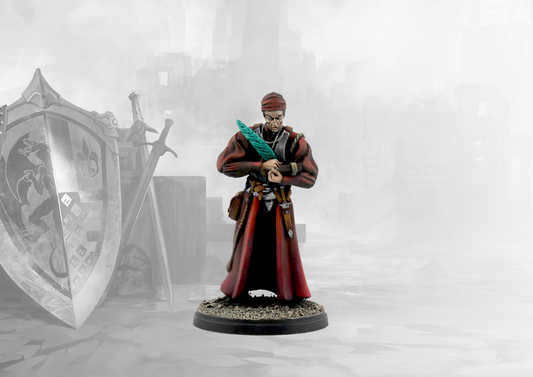 A studio-painted miniature of the Conquest Hundred Kingdoms Servite, a scholar in red robes writing in a book with a large quill.