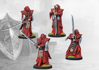 Four studio-painted Conquest Hundred Kingdoms Sicarii miniatures, showcasing the different dynamic poses of the red-robed warriors and their greatswords.

Title Tag: Conquest: Hundred Kingdoms Sicarii | Charon Games NZ