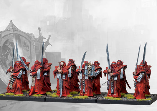 A full, studio-painted regiment of twelve Conquest Hundred Kingdoms Sicarii miniatures on movement trays, prepared for a charge.