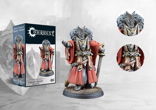 The product box for the Conquest Hundred Kingdoms Theist Priest, shown next to the painted miniature of the armored priest and close-up detail shots.