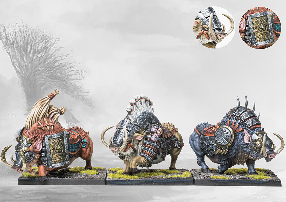 Conquest Nords Goltr Beastpack plastic brute miniatures assembled on tactical movement stands. Christchurch, NZ.
