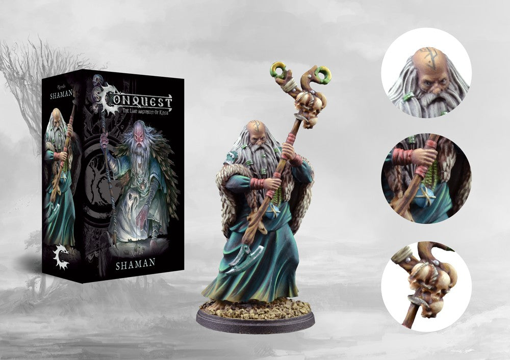 Blister packaging for the Para Bellum Conquest Nords Shaman 38mm scale resin character miniature and details.
