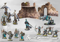 Contents for the Conquest Nords Warband 2026 First Blood New Edition containing miniatures, dice, and 3D terrain. Christchurch, NZ.
